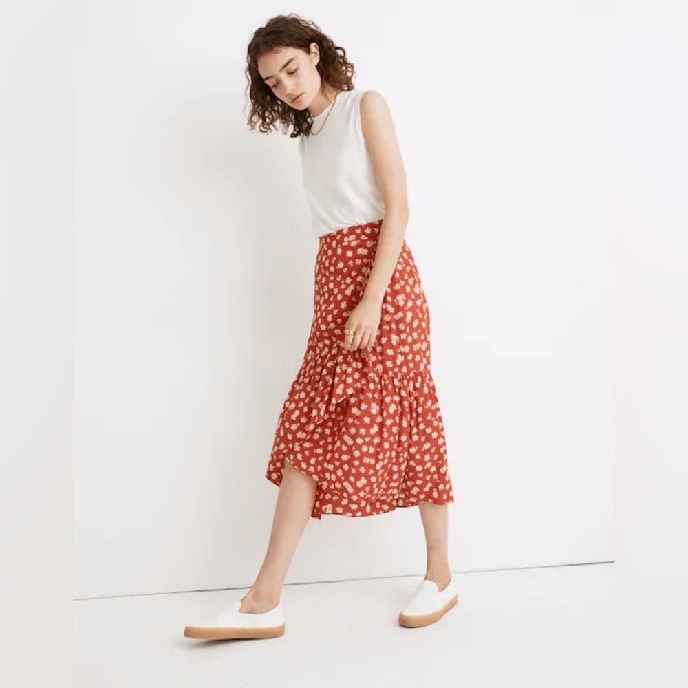 Madewell Happy Hibiscus Ruffle Wrap Midi Skirt Red Floral 2 Cottagecore Boho